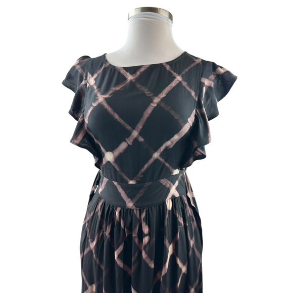 The Odells Seville Ruffle Maxi Dress Printed Tie Belt Pockets Black Size Small - Picture 4 of 16